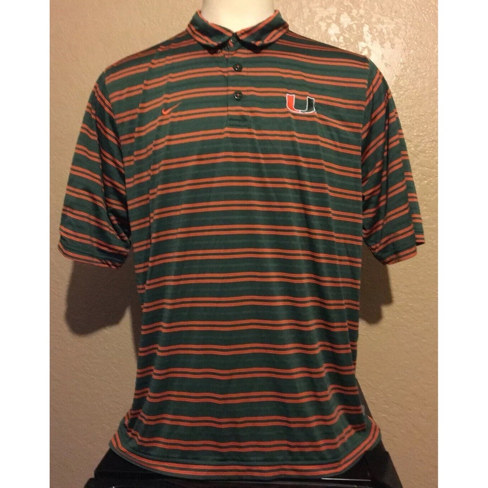 Nike Team Men's Sz XL Fit Dry Green Striped Miami Hurricanes Football Polo Shirt